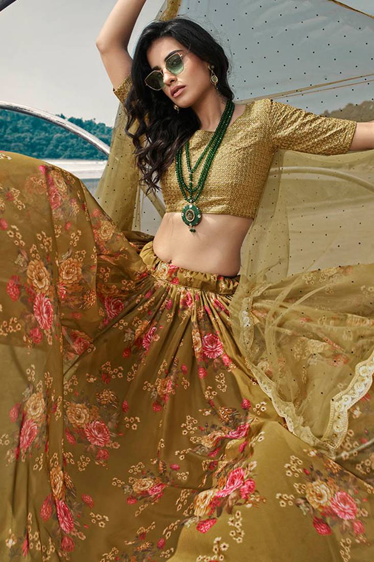 Olive green Colored Partywear Crop Top Umbrella Lehenga Choli
