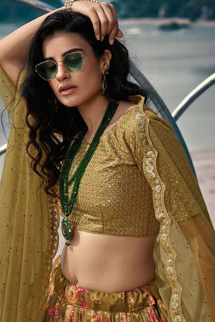 Olive green Colored Partywear Crop Top Umbrella Lehenga Choli