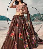 Army Brown Colored Partywear Crop Top Umbrella Lehenga Choli