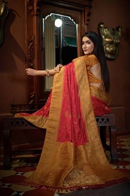 Red Color Satin Silk Zari Woven Mill Printed Saree 1