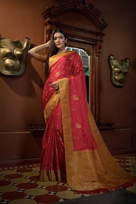 Red Color Satin Silk Zari Woven Mill Printed Saree 3