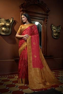 Red Color Satin Silk Zari Woven Mill Printed Saree 4