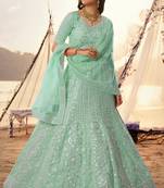 Sea green Color Mirror Work Lehenga With Soft Net Dupatta