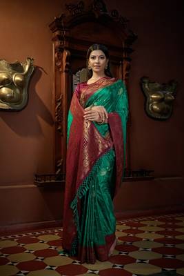 SEA-GREEN Color Satin Silk Zari Woven Mill Printed Saree 1