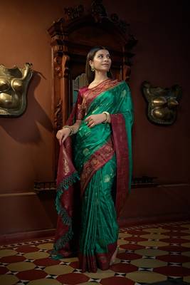 SEA-GREEN Color Satin Silk Zari Woven Mill Printed Saree 2