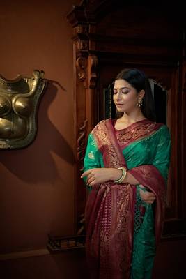 SEA-GREEN Color Satin Silk Zari Woven Mill Printed Saree 3