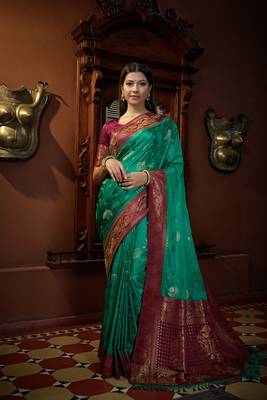 SEA-GREEN Color Satin Silk Zari Woven Mill Printed Saree 4