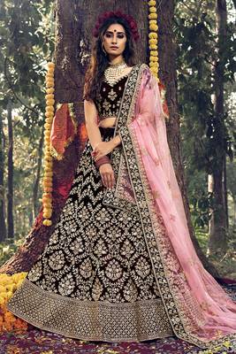 Dashing Maroon Color Dori Work Velvet Lehenga Choli Set 1