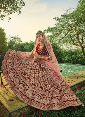 Velvet Material Sequins And Dori Work Maroon Color Lehenga 2