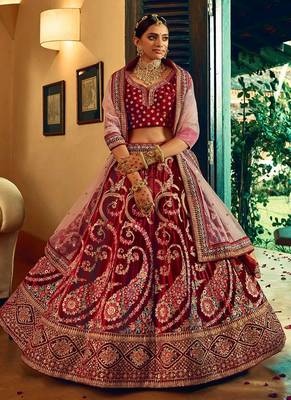Velvet Material Maroon Color Stone And plain Work Lehenga 1