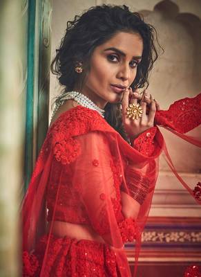 Magnificent red colored soft net base lehenga choli 3