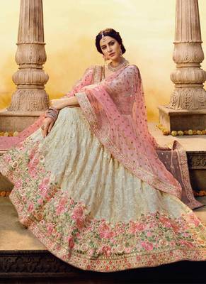 Decent cream color resham work bridesmaid lehenga choli 1