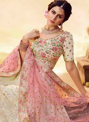 Decent cream color resham work bridesmaid lehenga choli 2