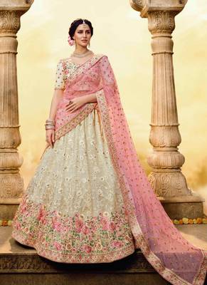 Decent cream color resham work bridesmaid lehenga choli 3