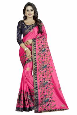 Embroidered Fashion Paper Silk Saree With Blouse Piece 1