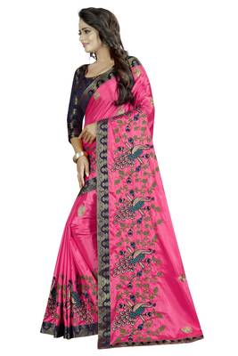 Embroidered Fashion Paper Silk Saree With Blouse Piece 3