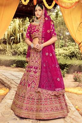 pink color raw silk base heavy work wedding wear lehenga 1