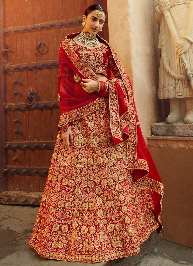 Glamorous red velvet base zari work bridal lehenga choli