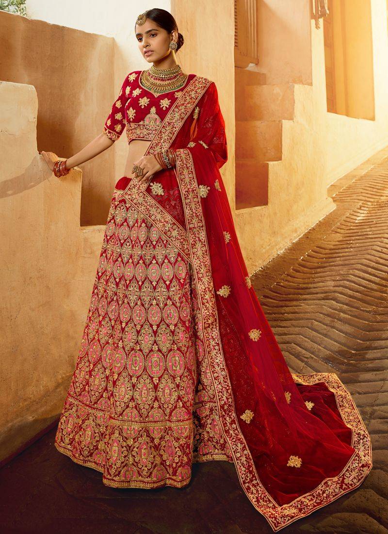 Stunning red velvet base zari work designer bridal lehenga choli