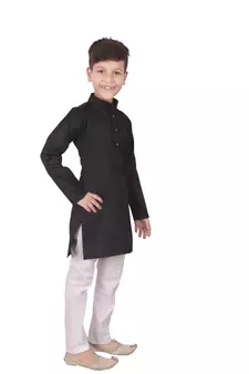 Black Self Design Cotton Boys Kurta Pajama Set