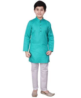 Green Self Design Cotton Boys Kurta Pajama Set 1