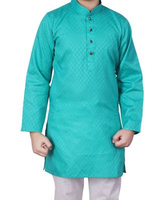 Green Self Design Cotton Boys Kurta Pajama Set 2