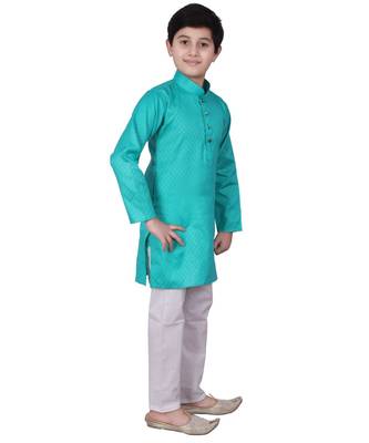 Green Self Design Cotton Boys Kurta Pajama Set 3