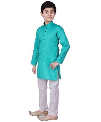 Green Self Design Cotton Boys Kurta Pajama Set 4