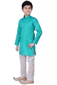 Green Self Design Cotton Boys Kurta Pajama Set