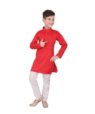 Red Self Design Cotton Boys Kurta Pajama Set 1
