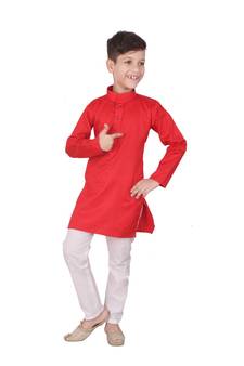 Red Self Design Cotton Boys Kurta Pajama Set