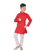 Red Self Design Cotton Boys Kurta Pajama Set