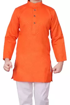 Dark Orange Self Design Cotton Boys Kurta Pajama Set