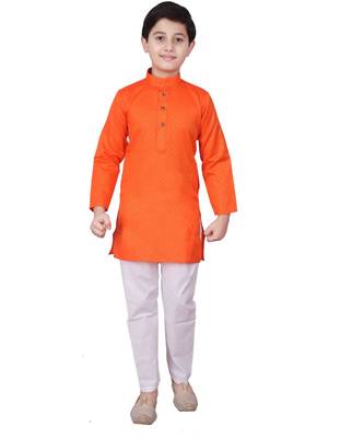 Dark Orange Self Design Cotton Boys Kurta Pajama Set 1