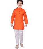 Dark Orange Self Design Cotton Boys Kurta Pajama Set