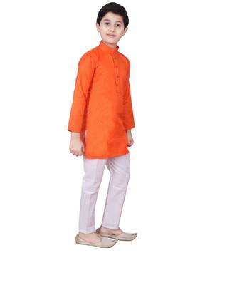 Dark Orange Self Design Cotton Boys Kurta Pajama Set 3