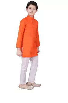 Dark Orange Self Design Cotton Boys Kurta Pajama Set
