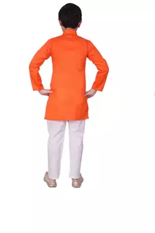 Dark Orange Self Design Cotton Boys Kurta Pajama Set