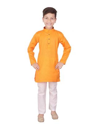 Orange Self Design Cotton Boys Kurta Pajama Set 1
