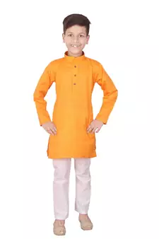 Orange Self Design Cotton Boys Kurta Pajama Set