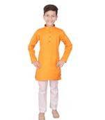 Orange Self Design Cotton Boys Kurta Pajama Set