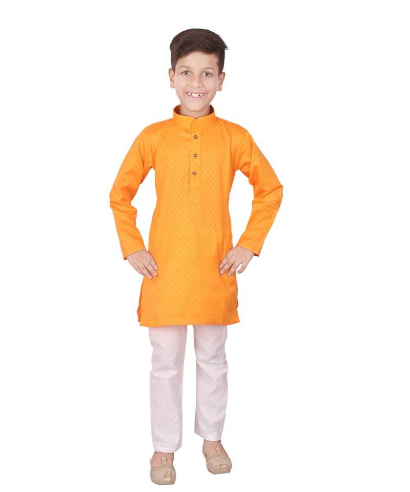 Orange Self Design Cotton Boys Kurta Pajama Set