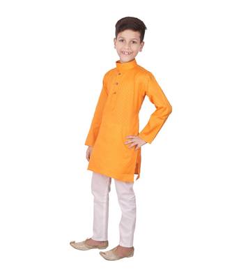Orange Self Design Cotton Boys Kurta Pajama Set 2