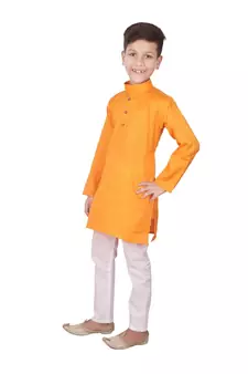 Orange Self Design Cotton Boys Kurta Pajama Set
