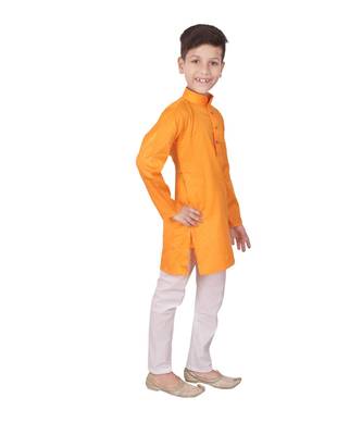 Orange Self Design Cotton Boys Kurta Pajama Set 3