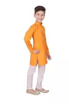 Orange Self Design Cotton Boys Kurta Pajama Set