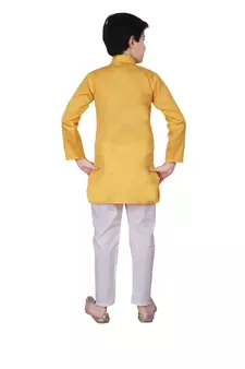 Yellow Self Design Cotton Boys Kurta Pajama Set
