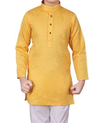 Yellow Self Design Cotton Boys Kurta Pajama Set 3