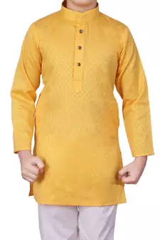 Yellow Self Design Cotton Boys Kurta Pajama Set