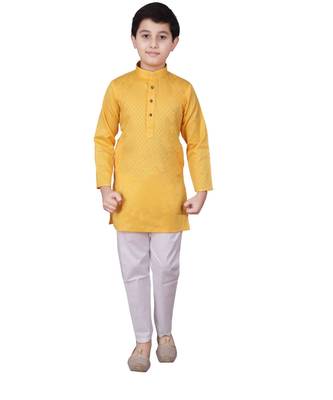 Yellow Self Design Cotton Boys Kurta Pajama Set 1